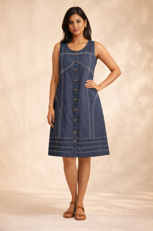 Navy Blue Cotton-Linen Midi Dress | A-Line | Made to Measure